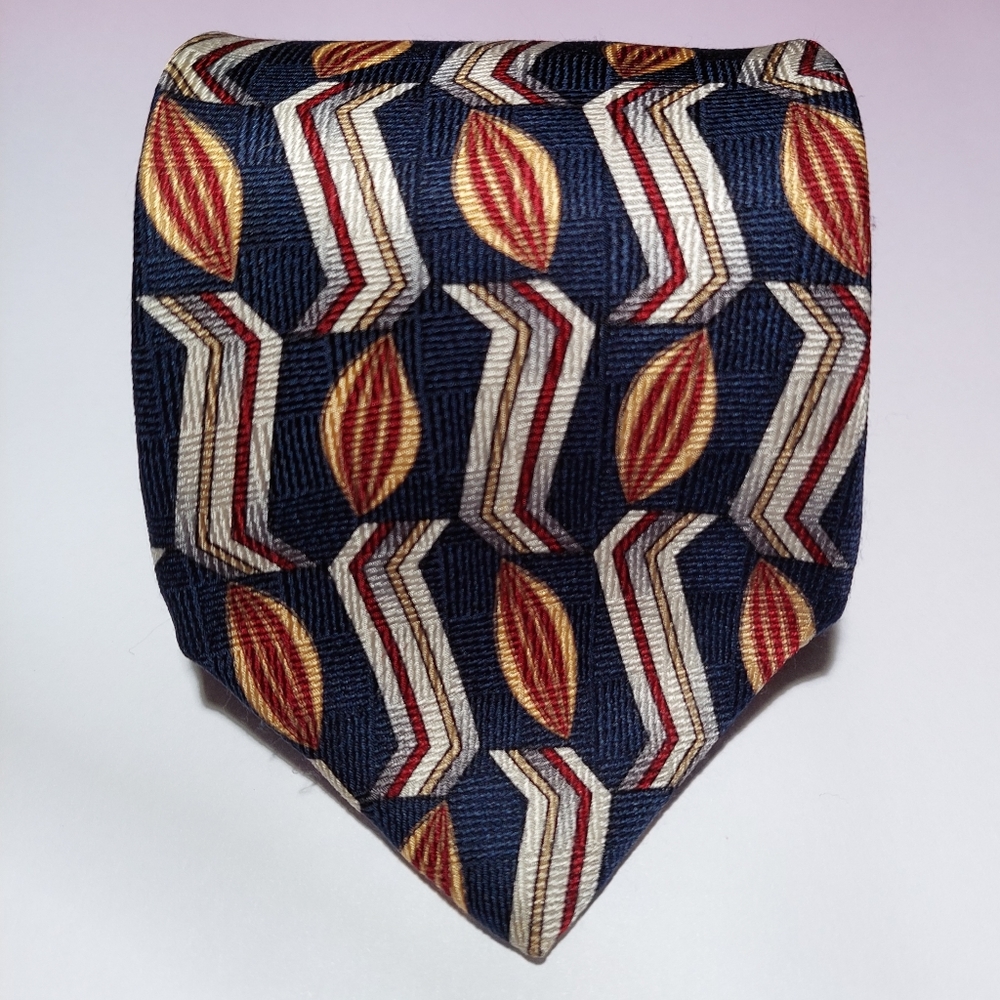 EUC Vintage Bill Blass Black Label Men's Silk Tie Navy/Burgandy/Cream Funky Prt